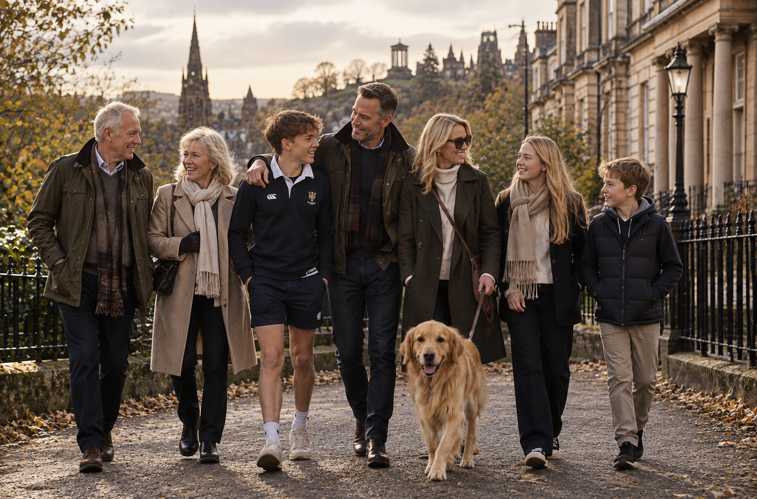 Multigenerational Family Stroll with Golden Retriever